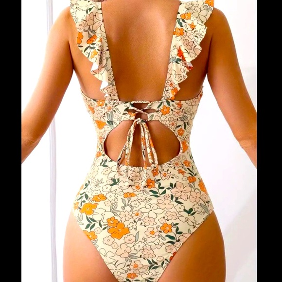 One Piece Swimsuit with Ruffled V-Neck with Open Hole Back - Picture 3 of 11